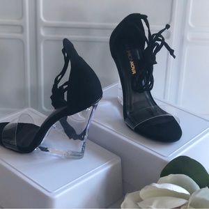 Brand New Fashion Nova -Lucite Wedge Heel -Lace Up Leg Ankle Strap -Sandal Shoe
